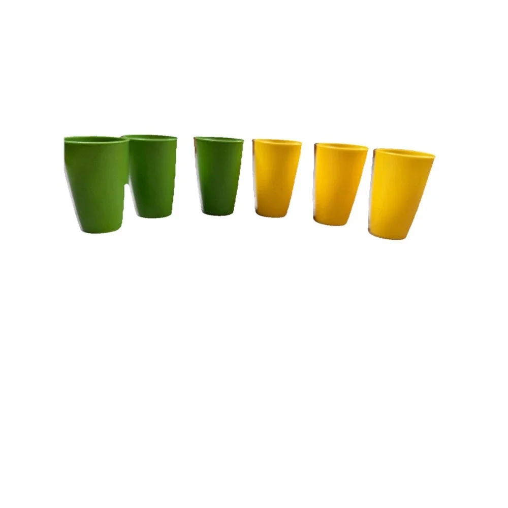 Tupperware Kids 6‎ piece set Bell Tumblers, 3 Green 3 Yellow Made In USA 4oz